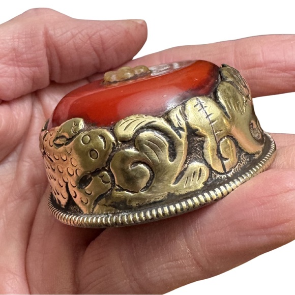 Vintage Dragon Pendant Red Stone Pendant Brass Statement Medallion - Picture 3 of 6